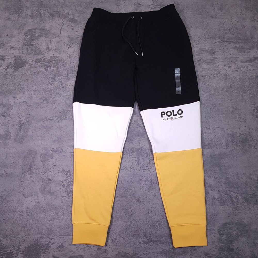 POLO Ralph Lauren Colorblock Logo Jogger Pants‎ Mens Size SMALL Black Yellow